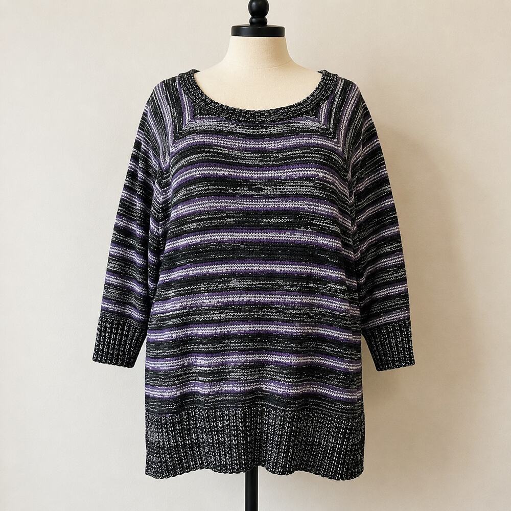 Venus Striped Knit Sweater Tunic Y2K Purple Black Gray Feminine Cozy Boho